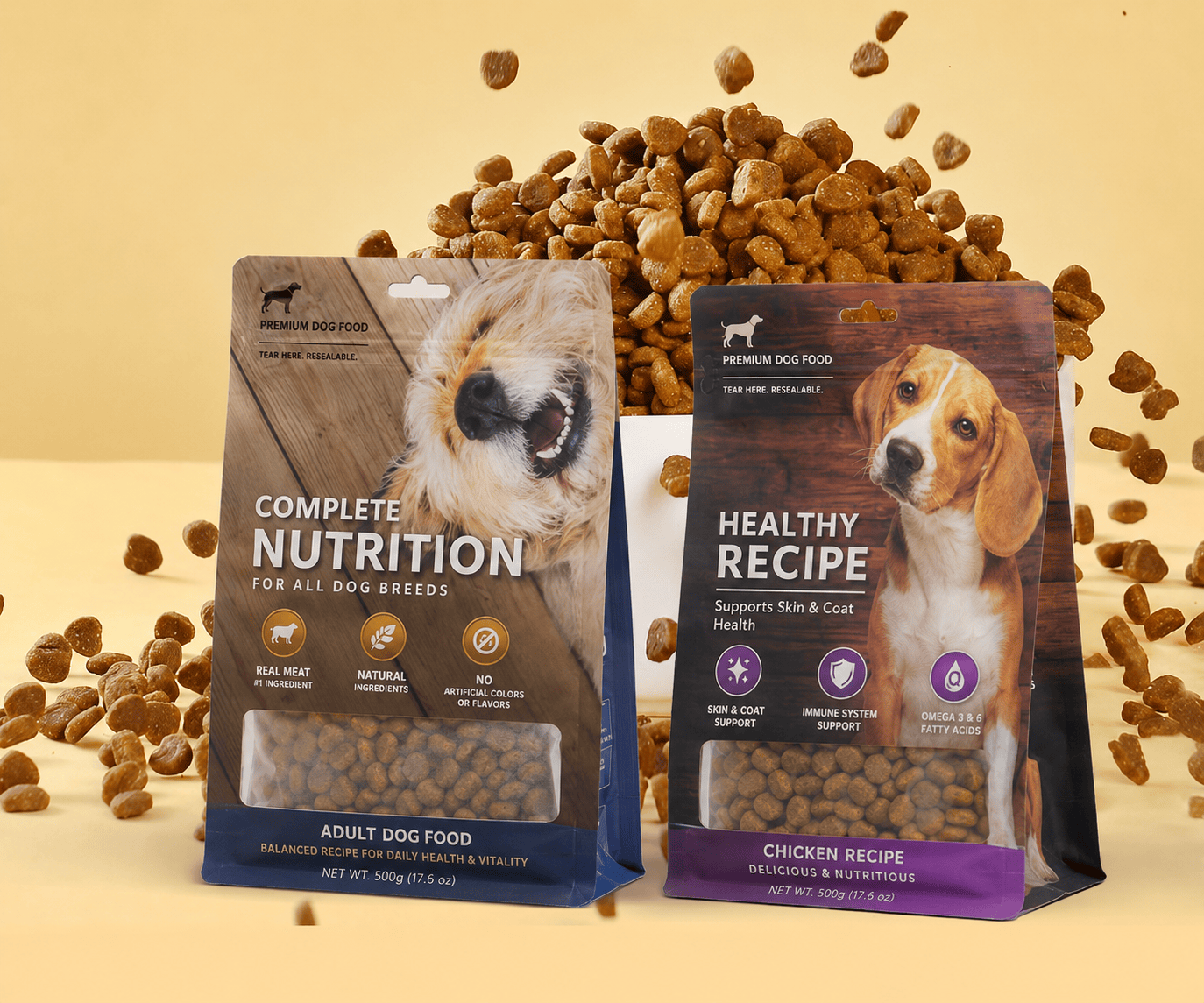 Pet food pouch packaging formats with clear windows