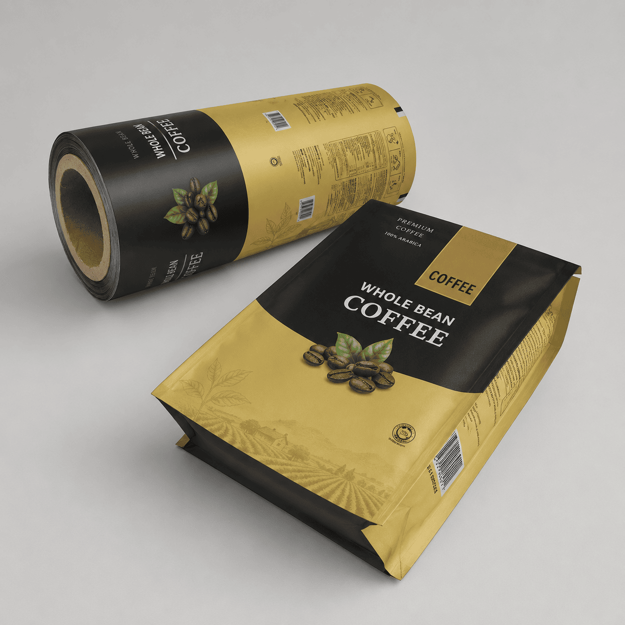 Premade Coffee Bags and Rollstock Film Premade whole bean coffee bag displayed with printed rollstock film
