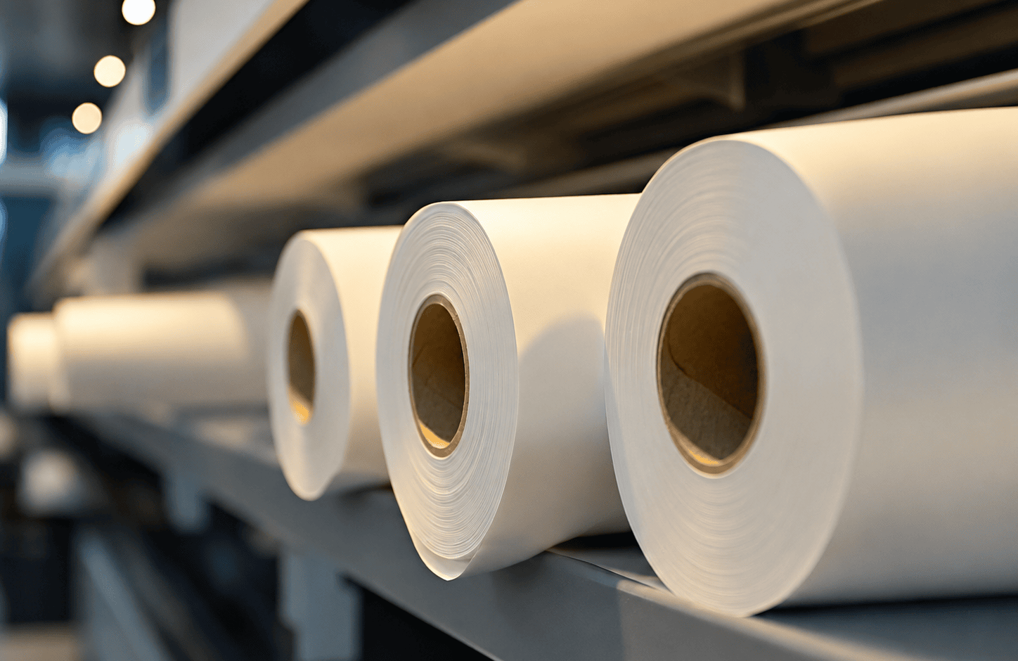 Thermal paper rolls stored on warehouse shelving