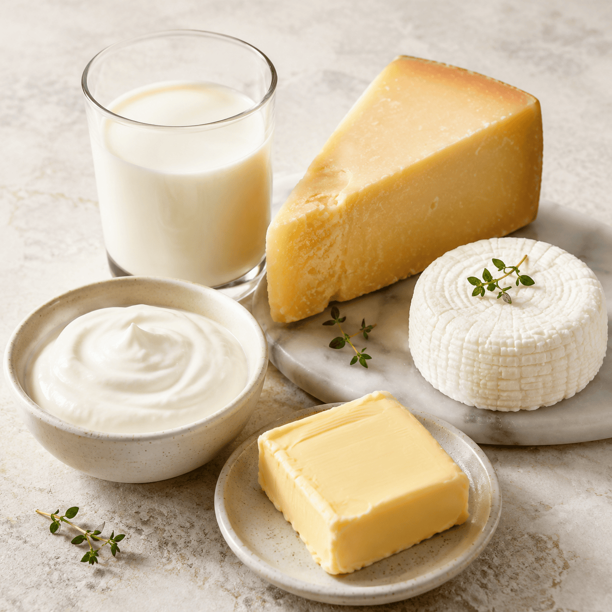 Fresh dairy products including cheese, milk, yogurt and butter