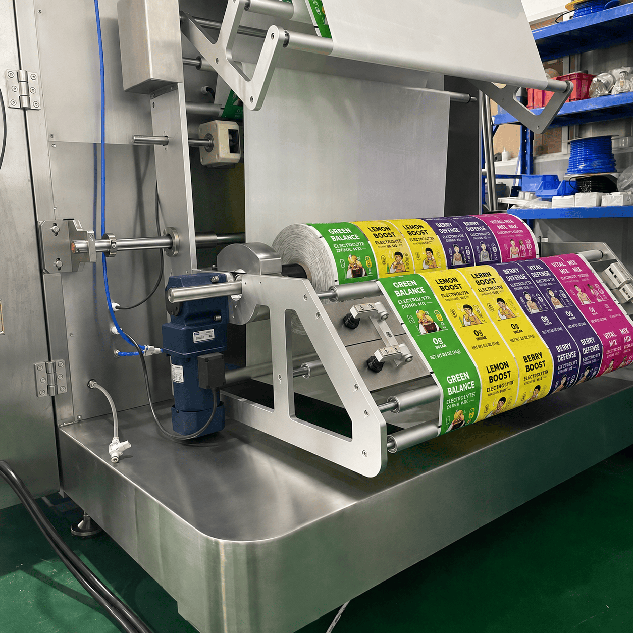 Printed rollstock film running through packaging equipment for stick packs and sachets