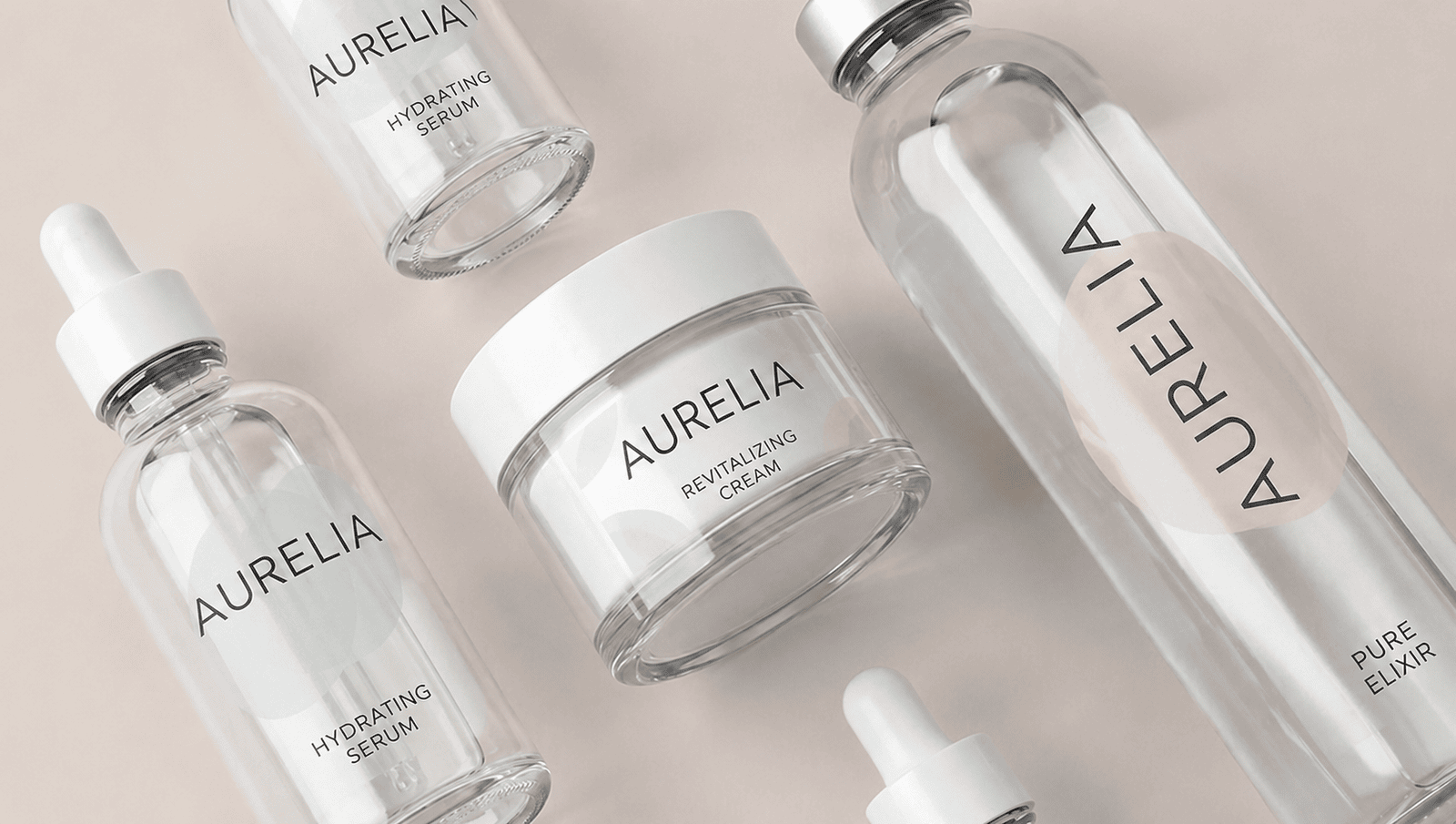 Clear labels on cosmetic bottles and jars for beauty packaging