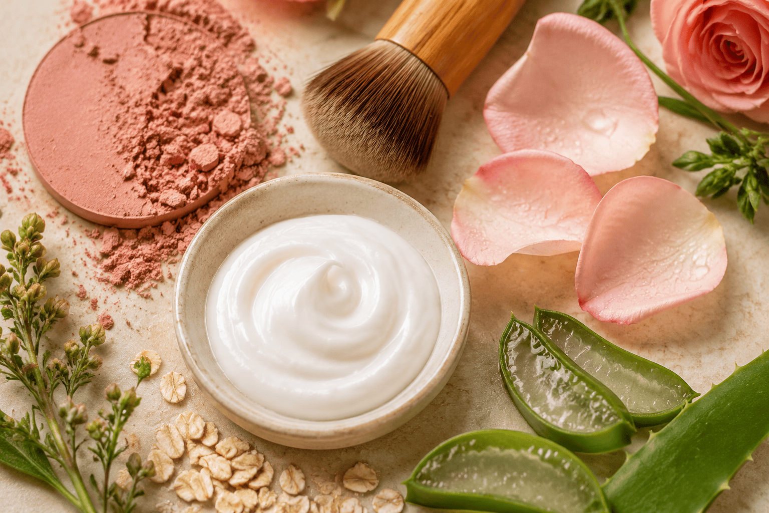 Cream, rose petals, aloe vera, cosmetic powder, and a makeup brush for personal care products