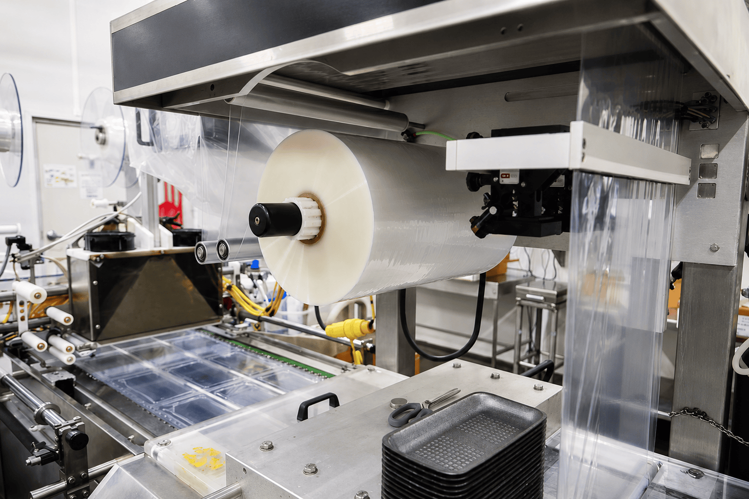 Rollstock film running on packaging equipment for dairy product packaging production