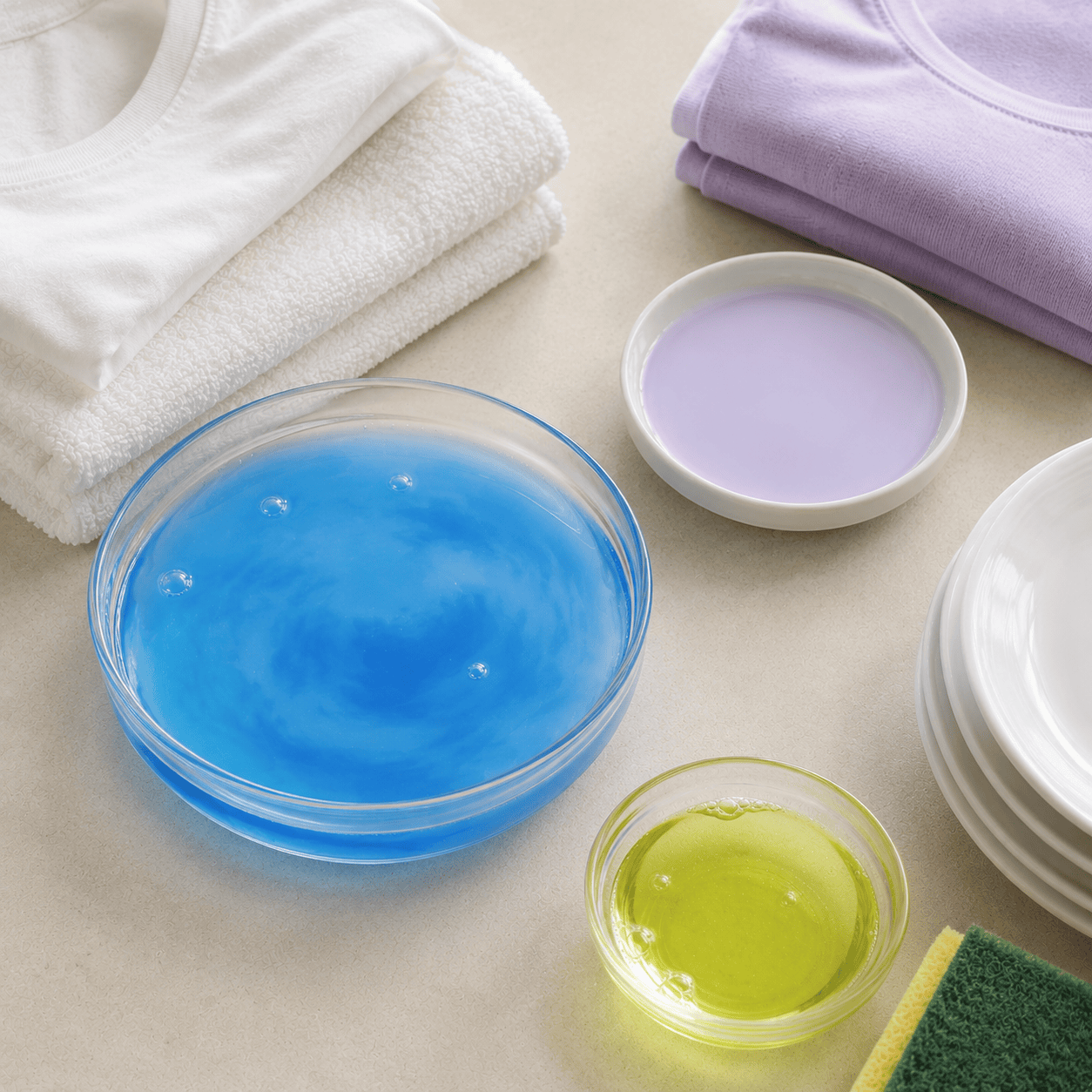 Liquid detergent products with towels, dishes, and cleaning accessories