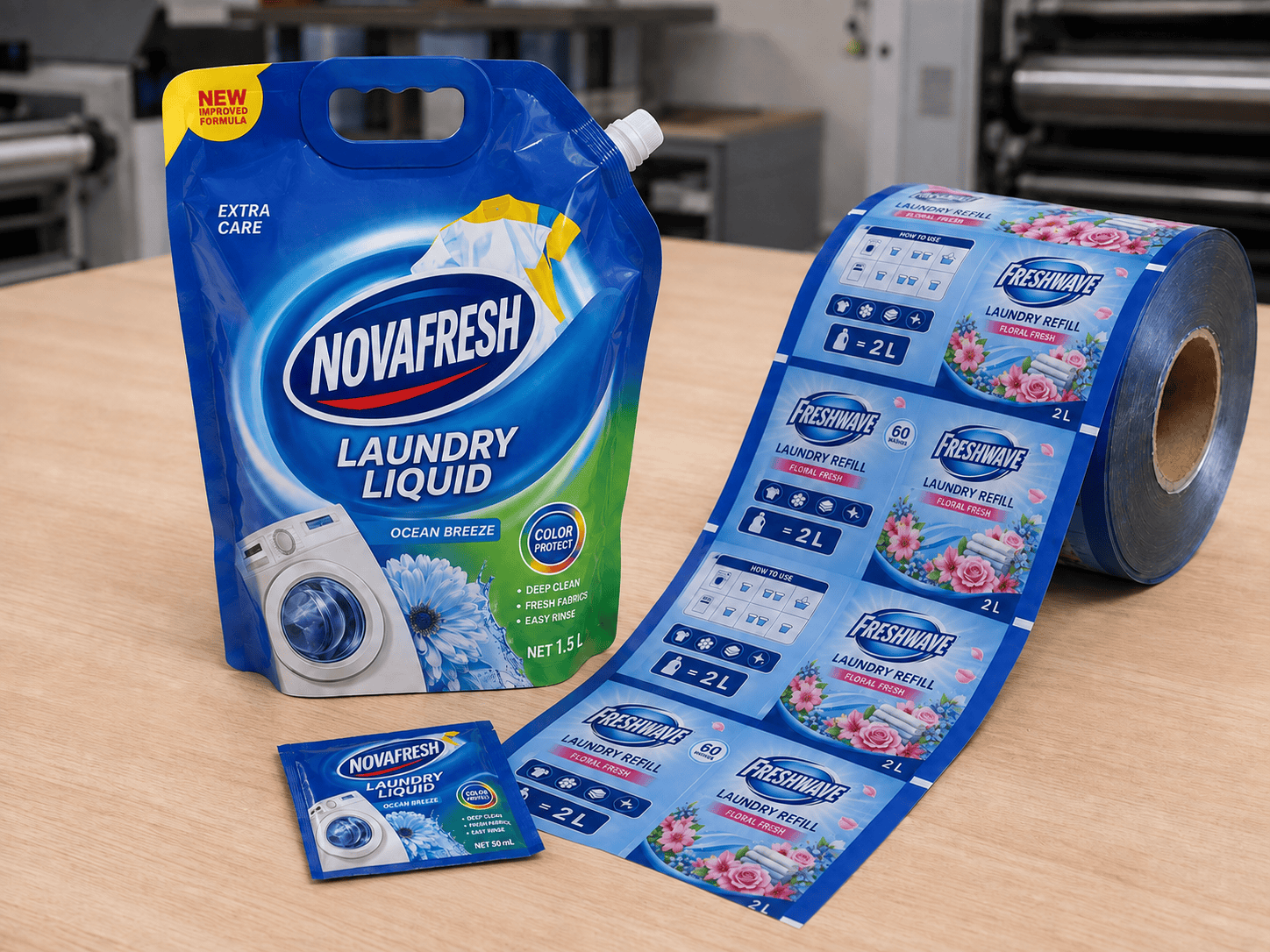 Liquid detergent spout pouch, printed rollstock film, and trial sachet on a packaging sample table
