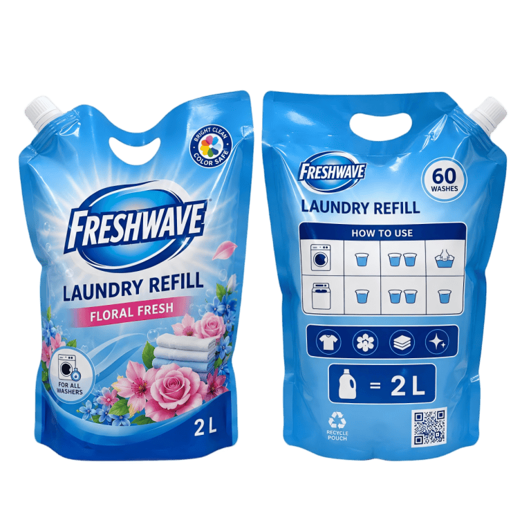 Front and back views of a blue liquid laundry detergent refill pouch with a screw spout