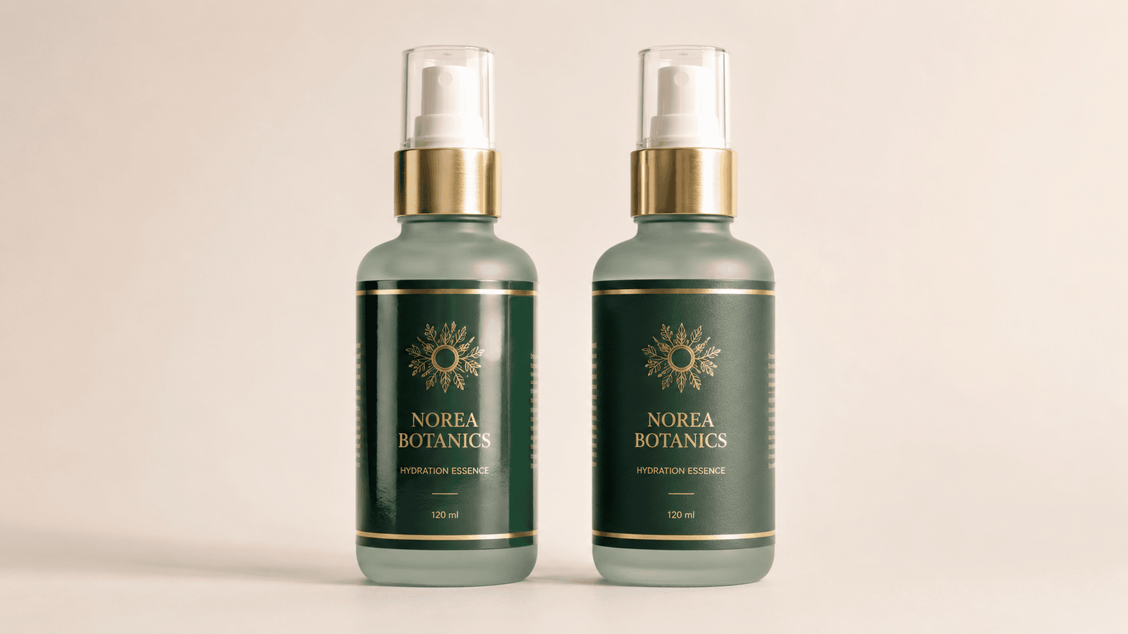 Matte and gloss label finishes on green cosmetic pump bottles
