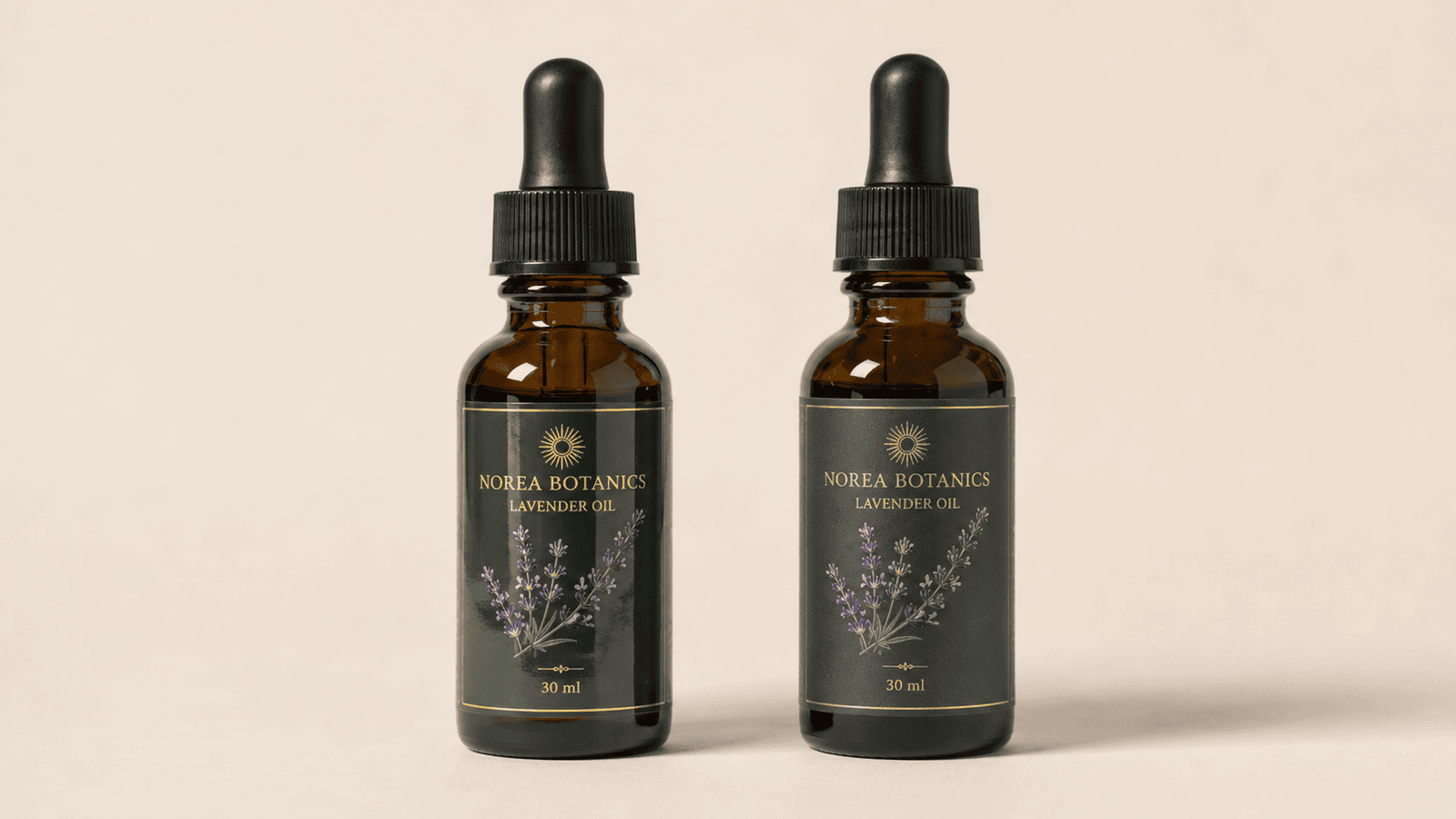 Gloss and matte labels on amber cosmetic dropper bottles