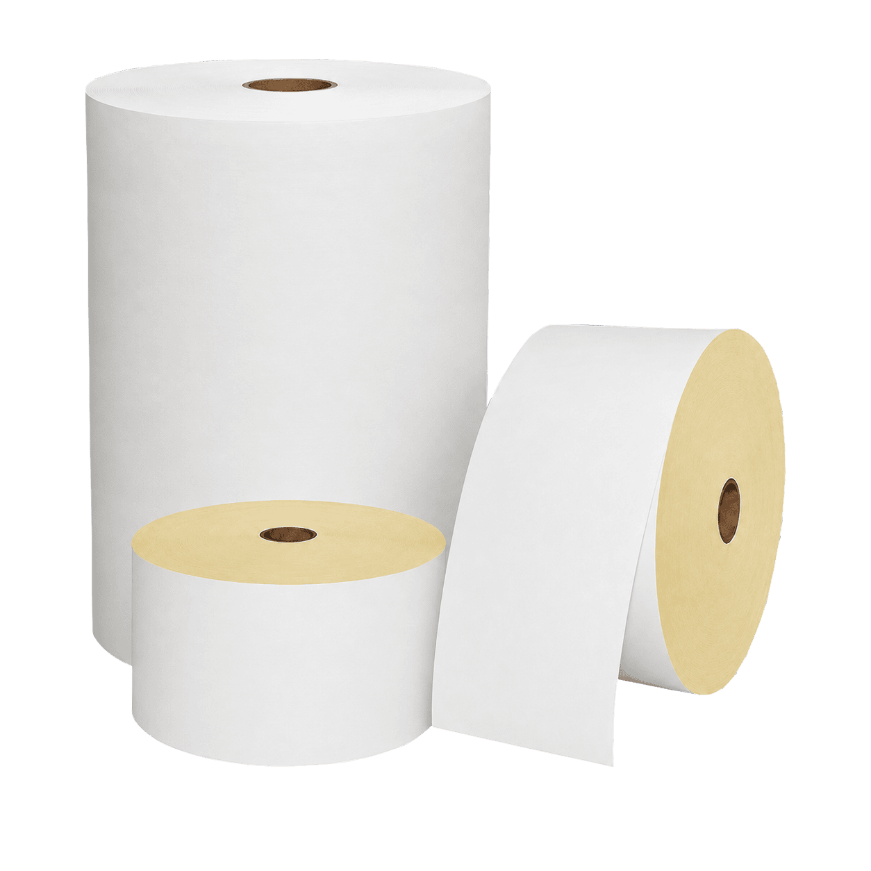 Self-adhesive labelstock jumbo rolls with paper facestock and yellow glassine release liner