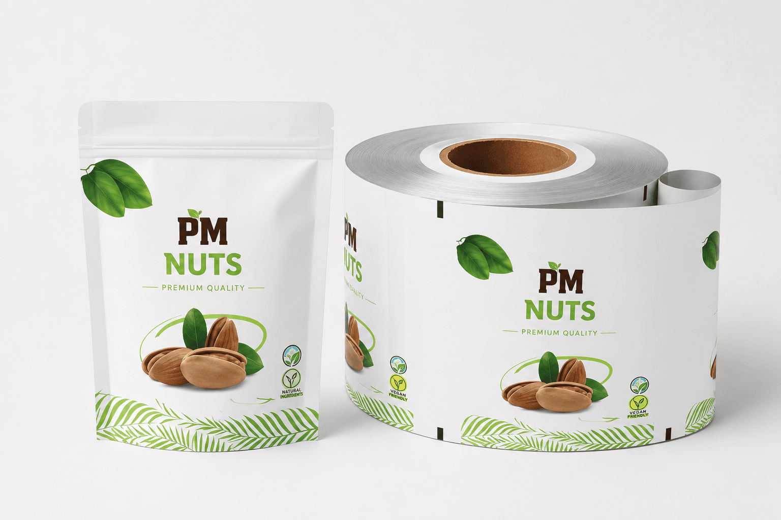 Pillow pouch packaging with printed rollstock film for nuts and food products