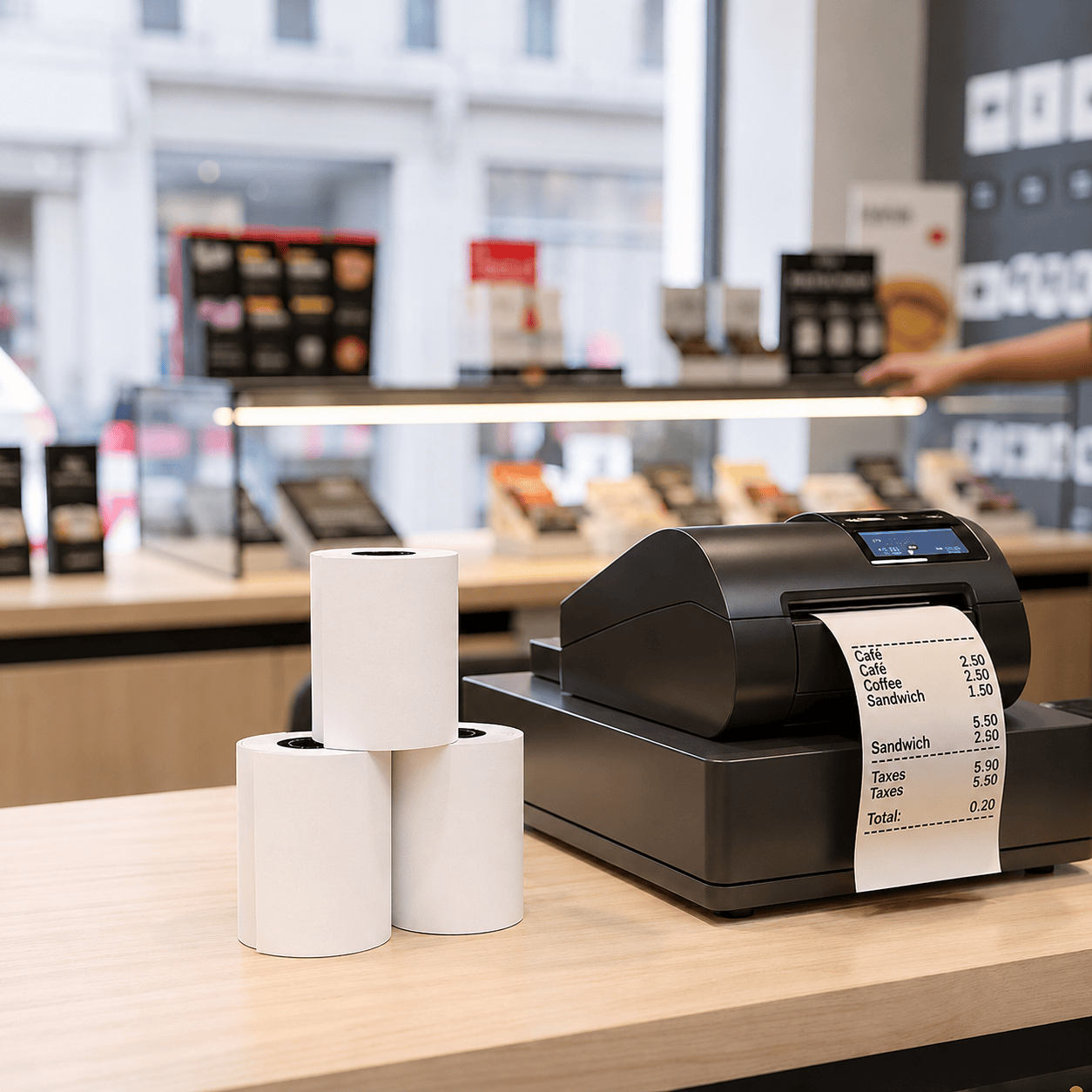 Thermal receipt paper roll beside a point of sale printer in a retail store