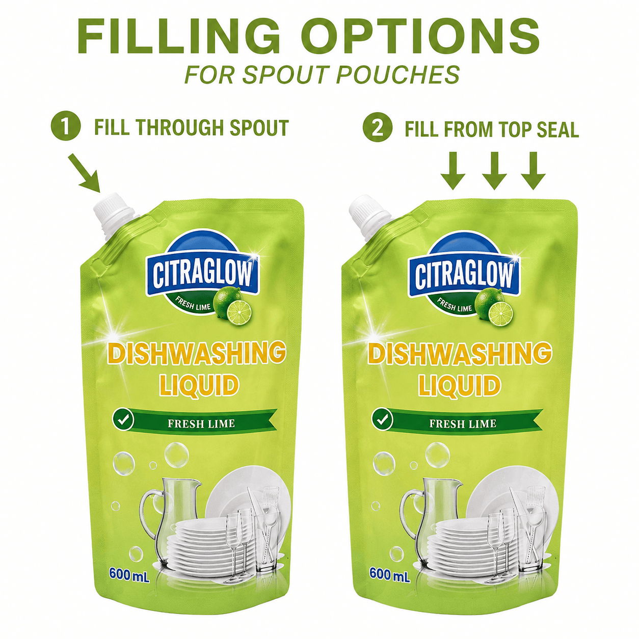Diagram showing liquid detergent spout pouch filling through the spout or through the top seal