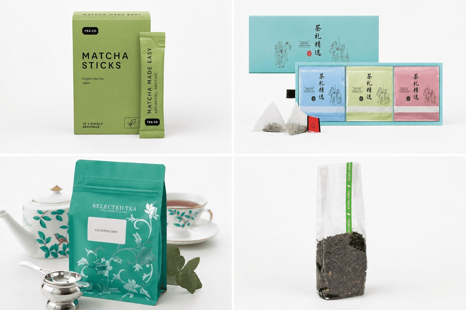 Tea Packaging Formats for Loose Leaf, Tea Bags and Matcha Tea packaging examples showing matcha stick packs, tea bag gift packaging, a loose leaf tea pouch, and a clear tea bag