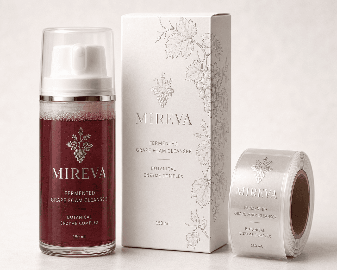 Transparent cosmetic labels with silver foil on a cleanser bottle and matching single-row label roll