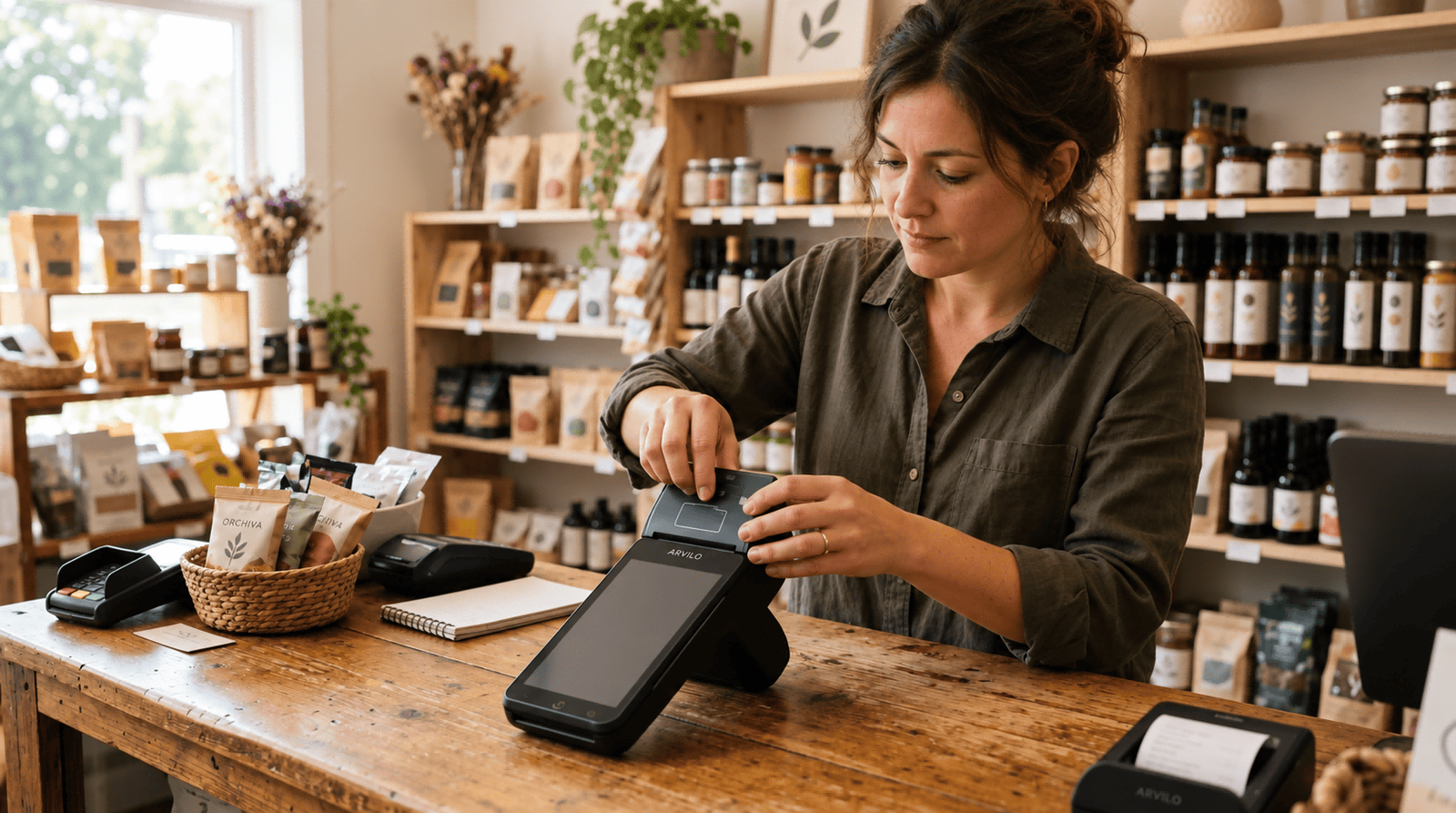Retail checkout employee using a POS terminal with thermal receipt paper