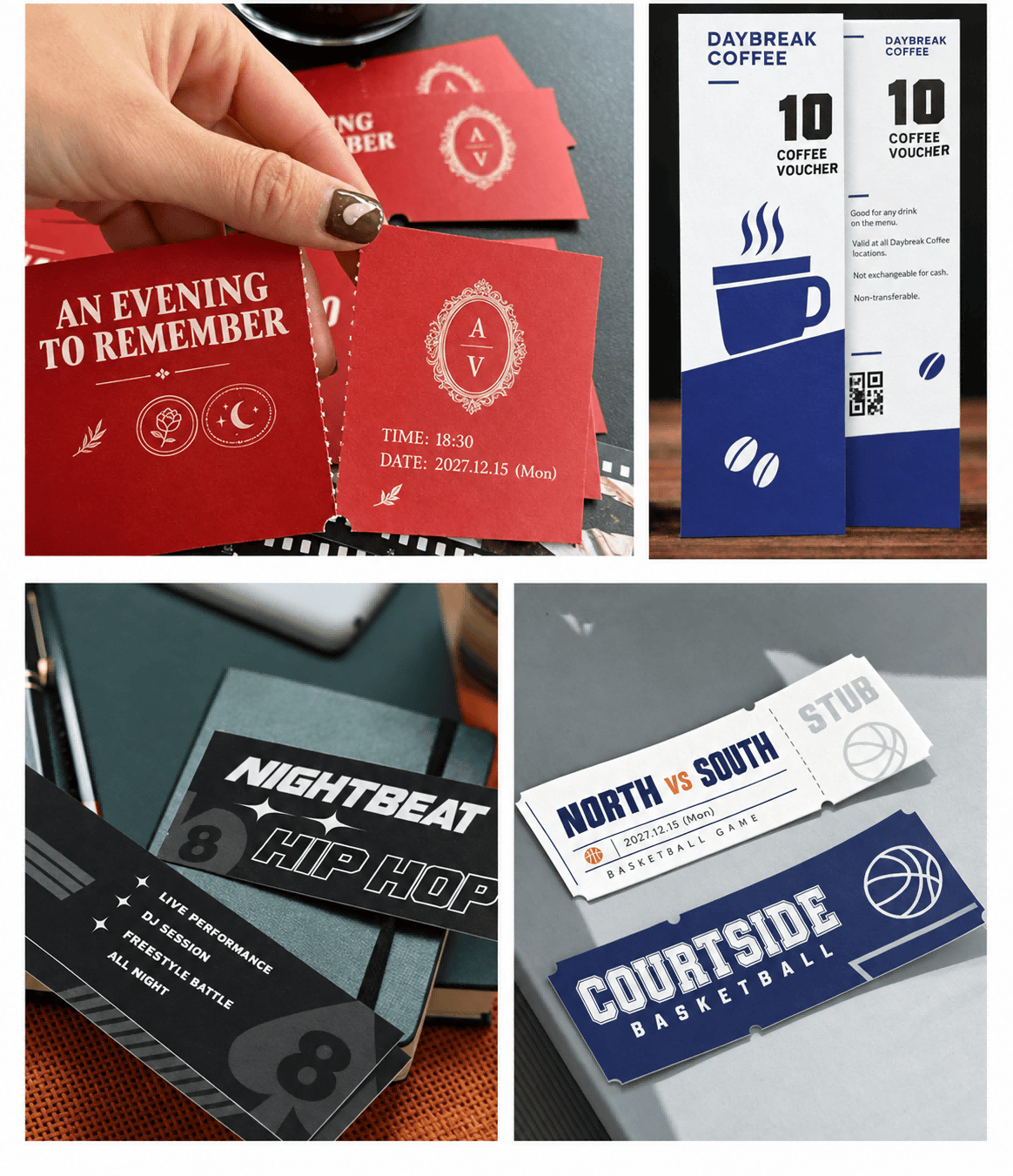 Collage of printed event tickets, coffee vouchers, black concert tickets and blue-and-white basketball admission tickets.