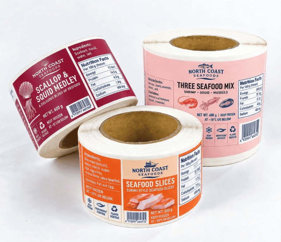 Custom label rolls for refrigerated and frozen seafood packaging