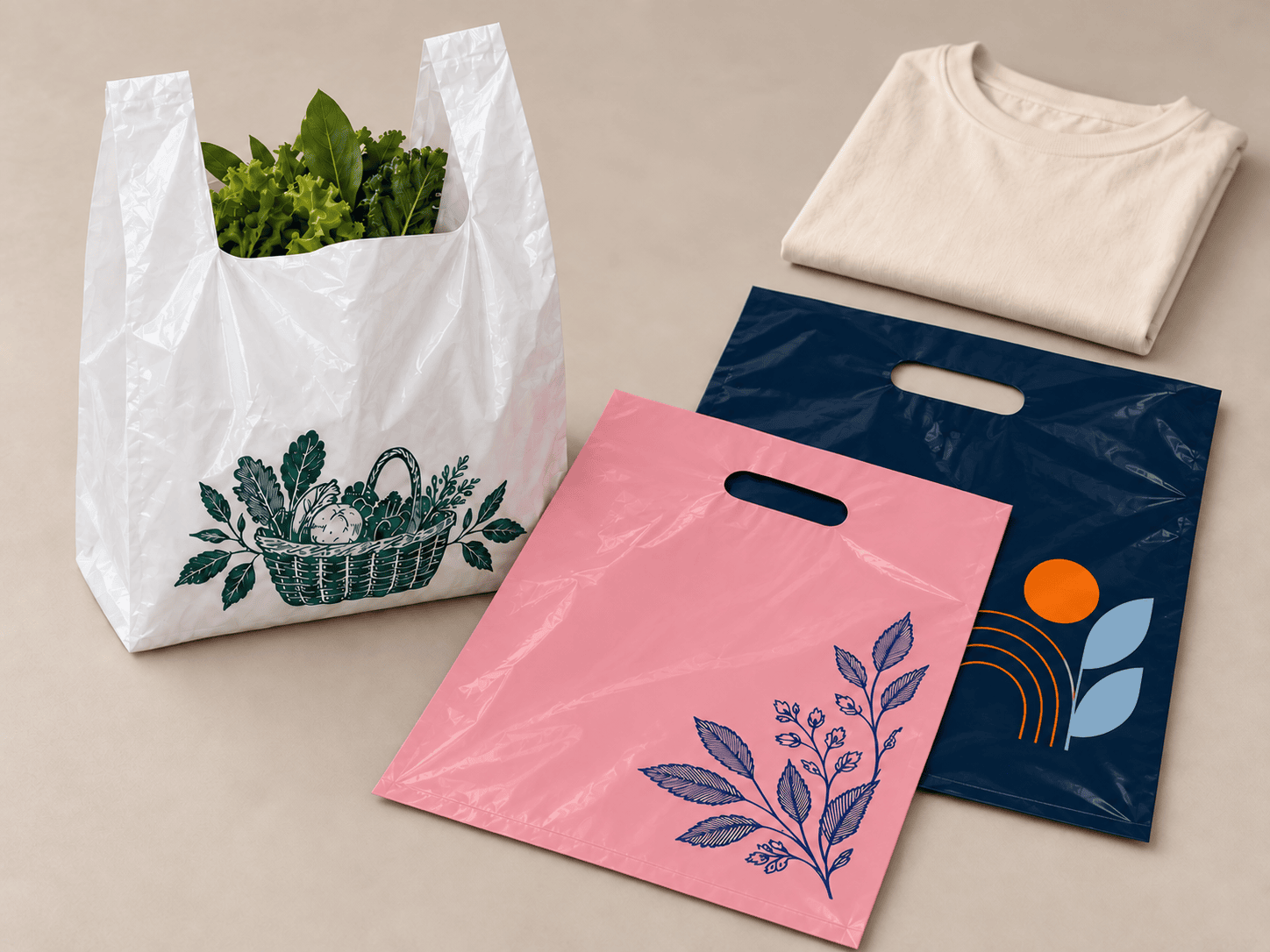 Custom Plastic Shopping Bags in T-Shirt and Die-Cut Formats Custom plastic shopping bags including a white T-shirt carrier bag and printed pink and navy die-cut handle bags