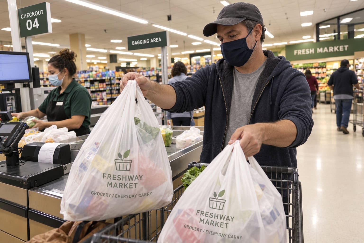 Custom printed plastic shopping bags at a supermarket checkout