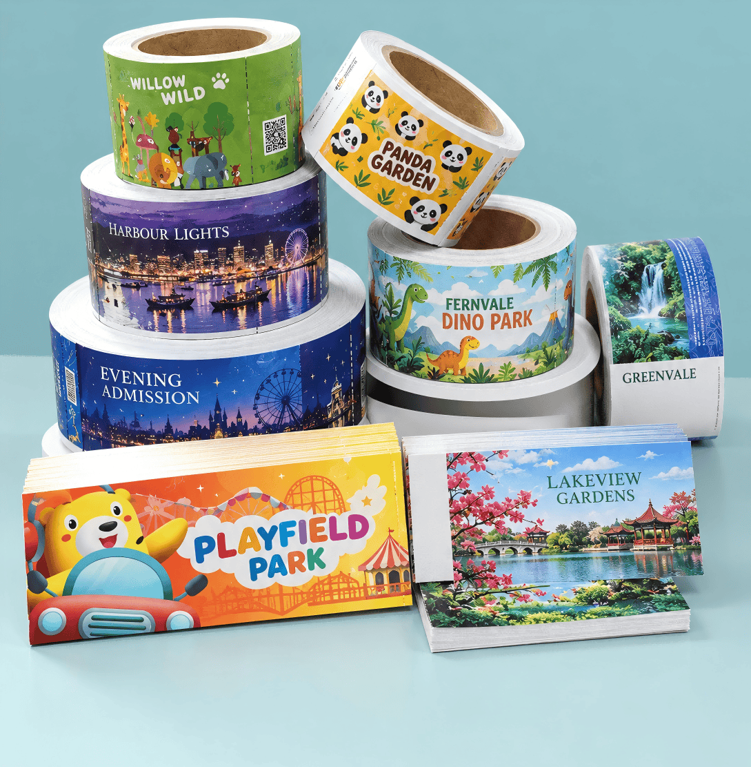 Colourful printed ticket rolls and stacked admission tickets with theme park and garden designs on a light blue background.