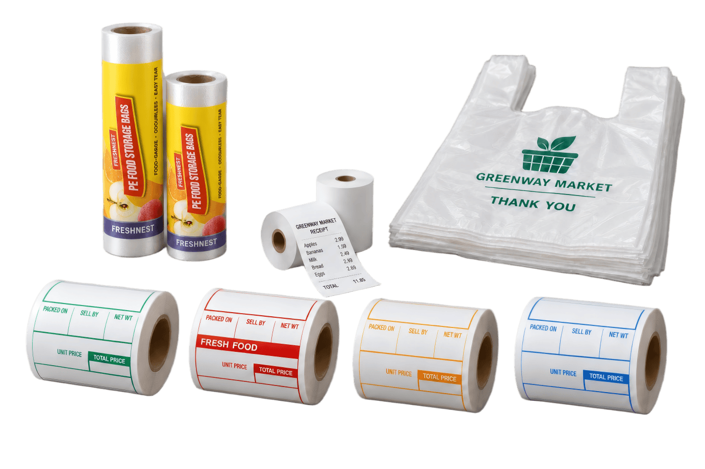 Custom supermarket packaging with PE produce bag rolls, printed shopping bags, price labels and thermal receipt paper