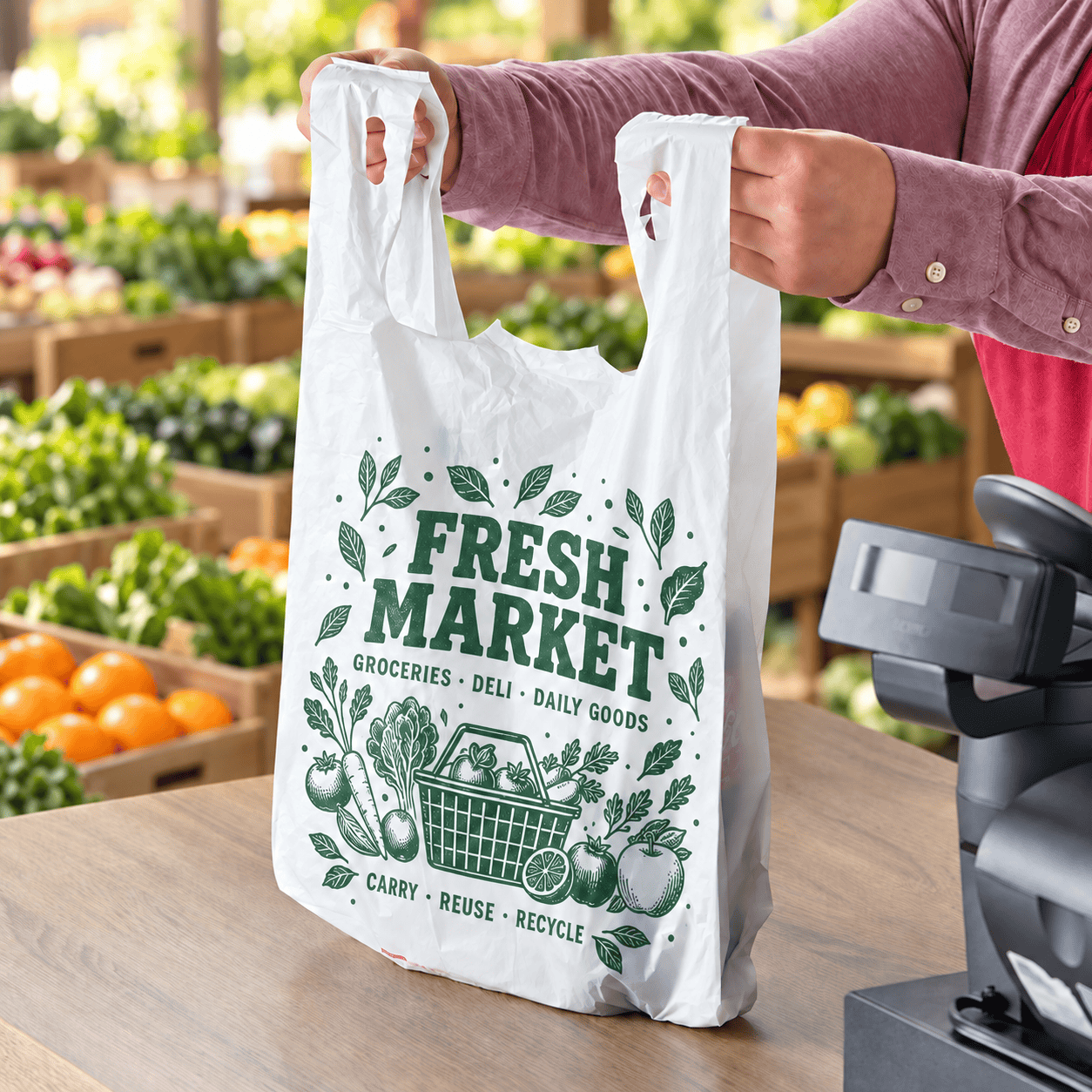 Custom T-Shirt Carrier Bag for Retail Checkout Custom printed white T-shirt carrier bag at a fresh grocery checkout counter