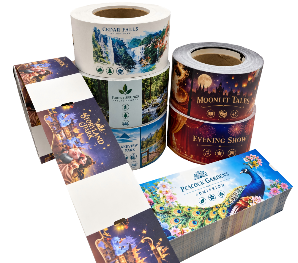Custom printed ticket rolls, a folded ticket strip and stacked admission tickets on a transparent background