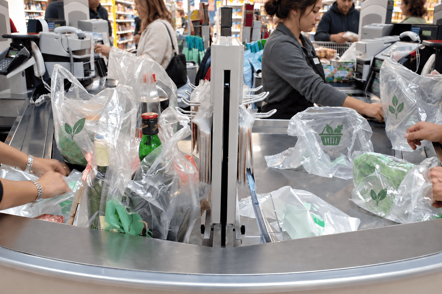 Custom printed T-shirt carrier bags at a supermarket checkout
