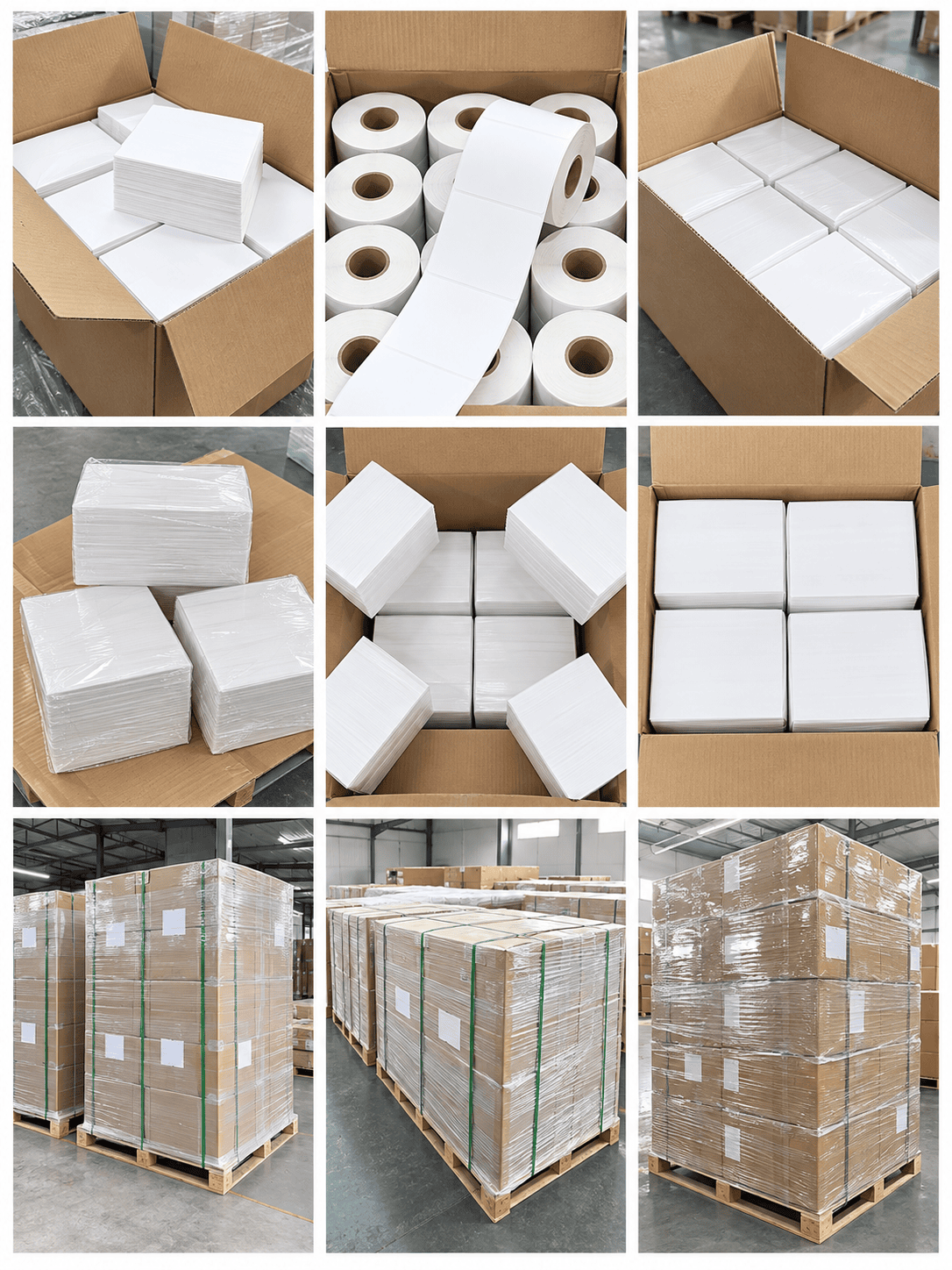 Fanfold and roll shipping labels packed for warehouse and logistics delivery