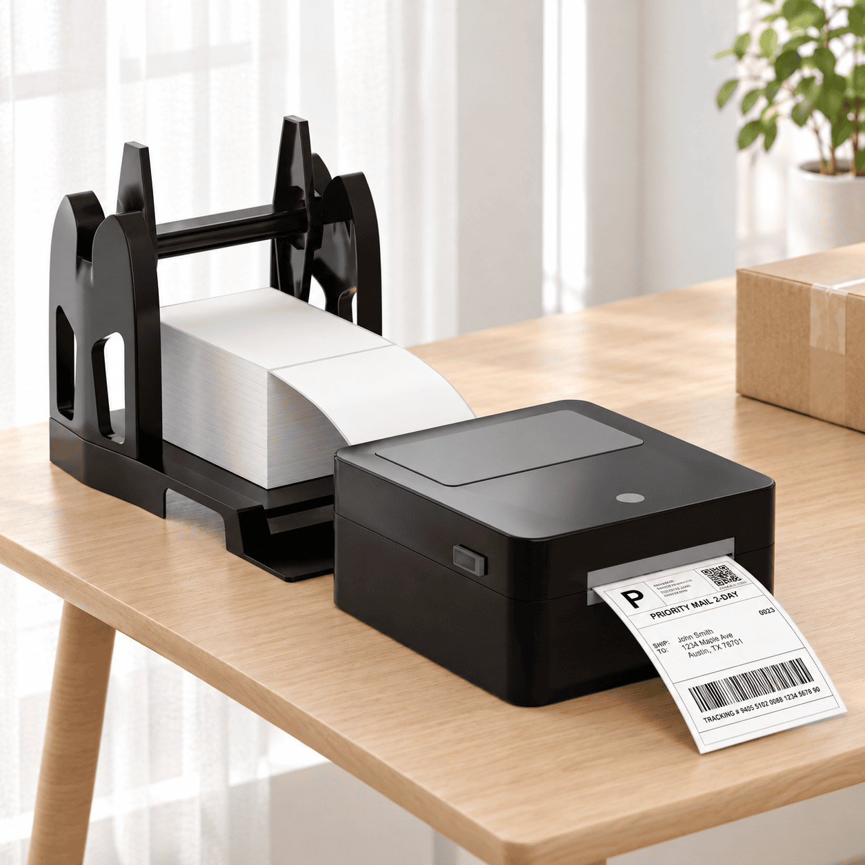 Fanfold shipping labels feeding from a stacked format into a thermal printer