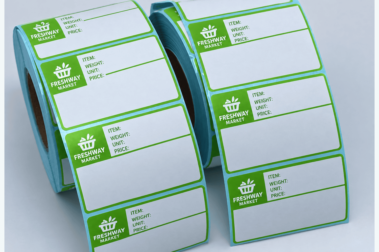 Green Supermarket Price Label Template Rolls Green supermarket label template rolls with product, weight, unit and price fields