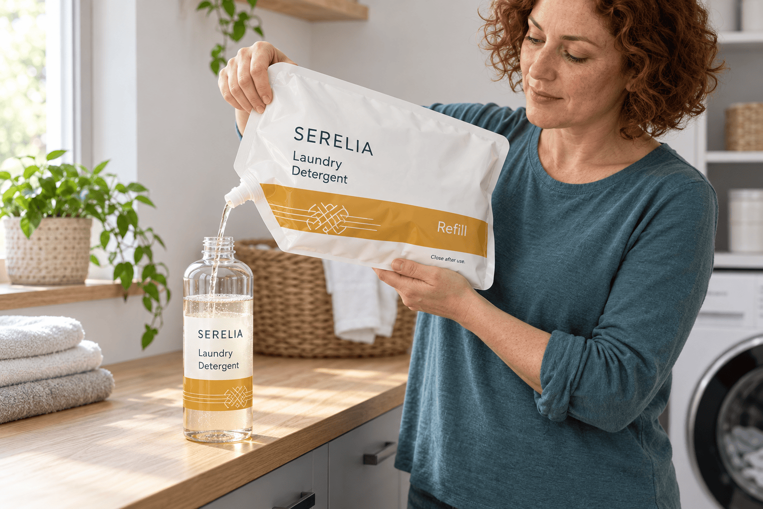 Woman pouring liquid laundry detergent from a spout refill pouch into a bottle