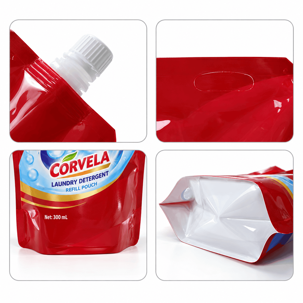 Detail views of a liquid detergent refill pouch showing the capped spout, handle, sealed edges and bottom gusset