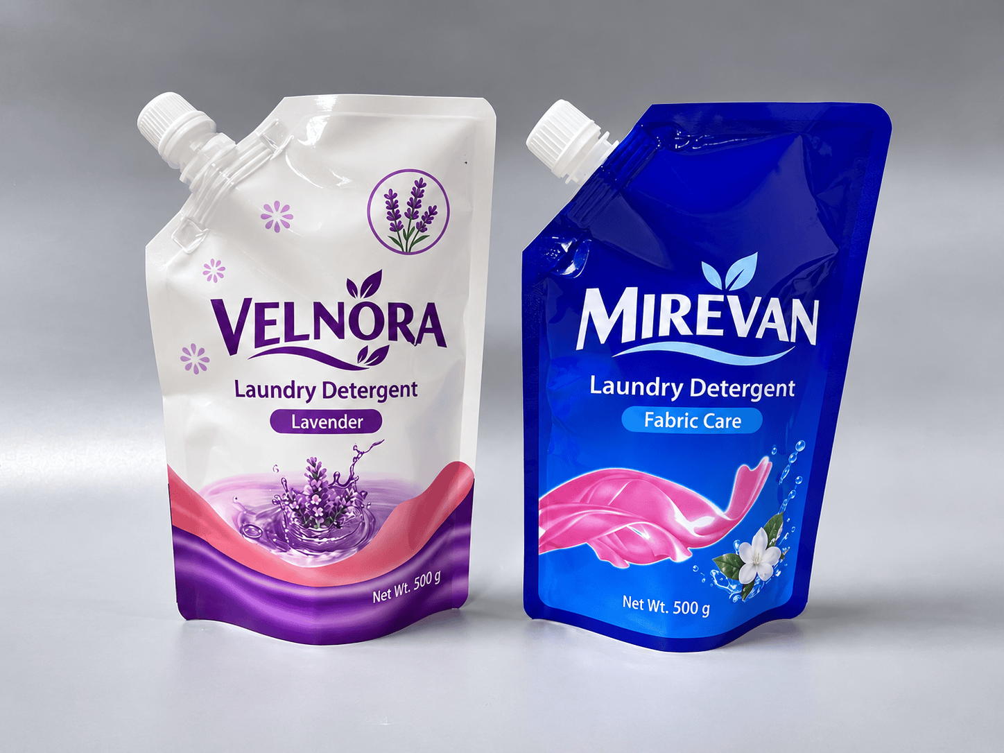 Two printed liquid detergent refill pouches with corner spouts and screw caps