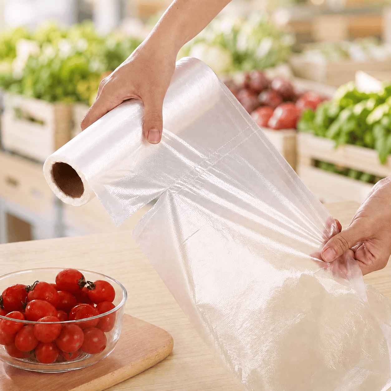 Clear Flat Open-Mouth Perforated Roll Bags Clear flat open-mouth perforated roll bags being dispensed for produce and everyday packing.