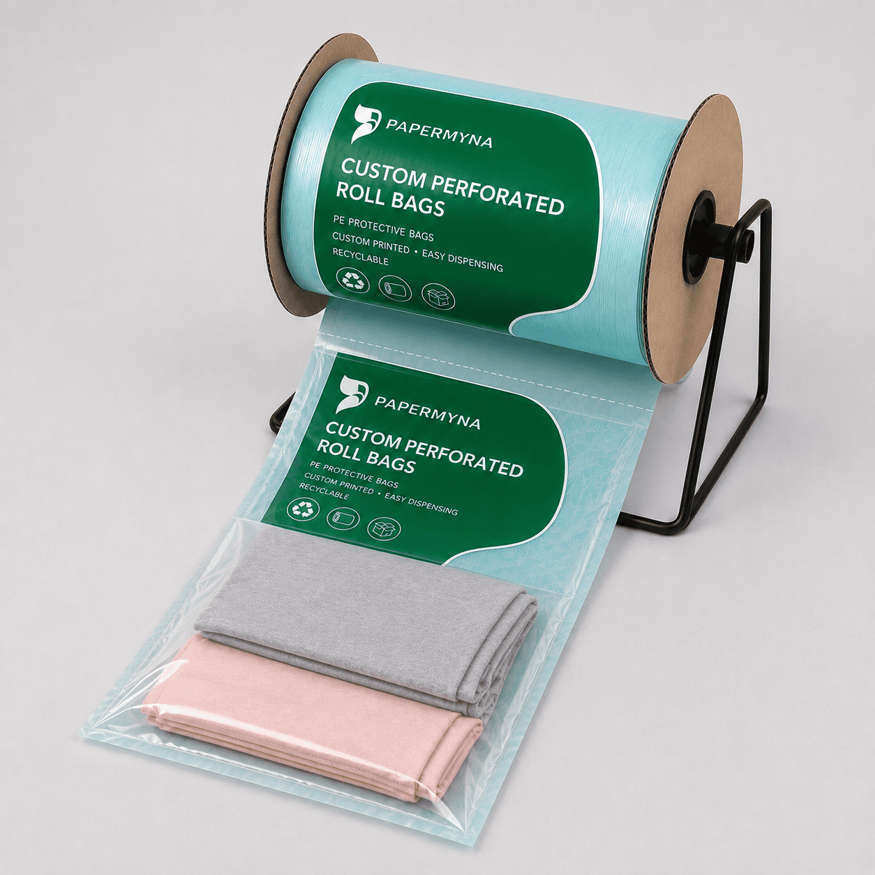Custom Printed Flat Open-Mouth Perforated Roll Bags Custom printed flat open-mouth perforated roll bags on a dispenser with a clear front layer and printed rear panel.