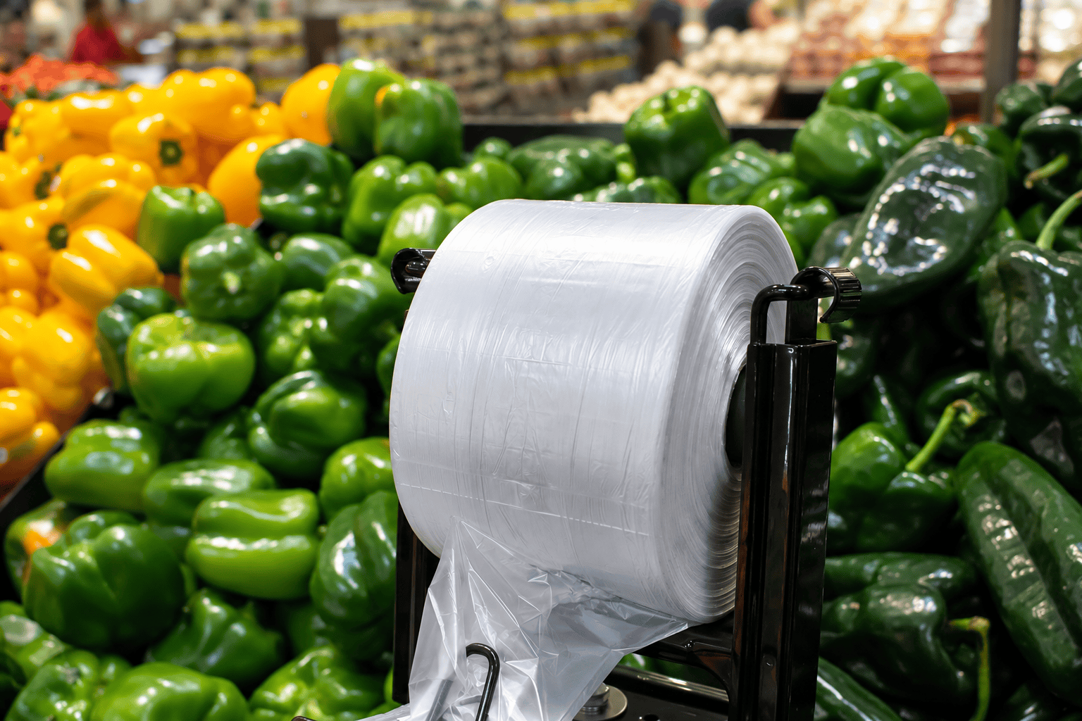 Perforated produce roll bags mounted on a supermarket dispenser