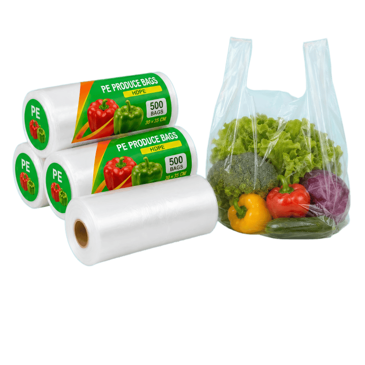 Perforated roll bags with printed produce bag rolls and a clear bag filled with fresh vegetables
