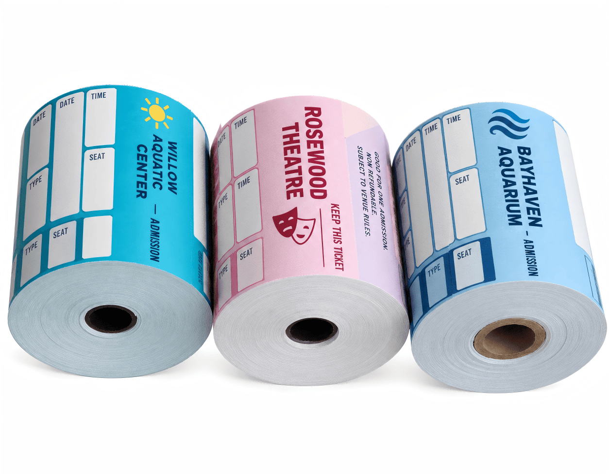 Cyan, pink and blue preprinted admission ticket rolls with venue designs and blank date, time and seat fields on a white background.