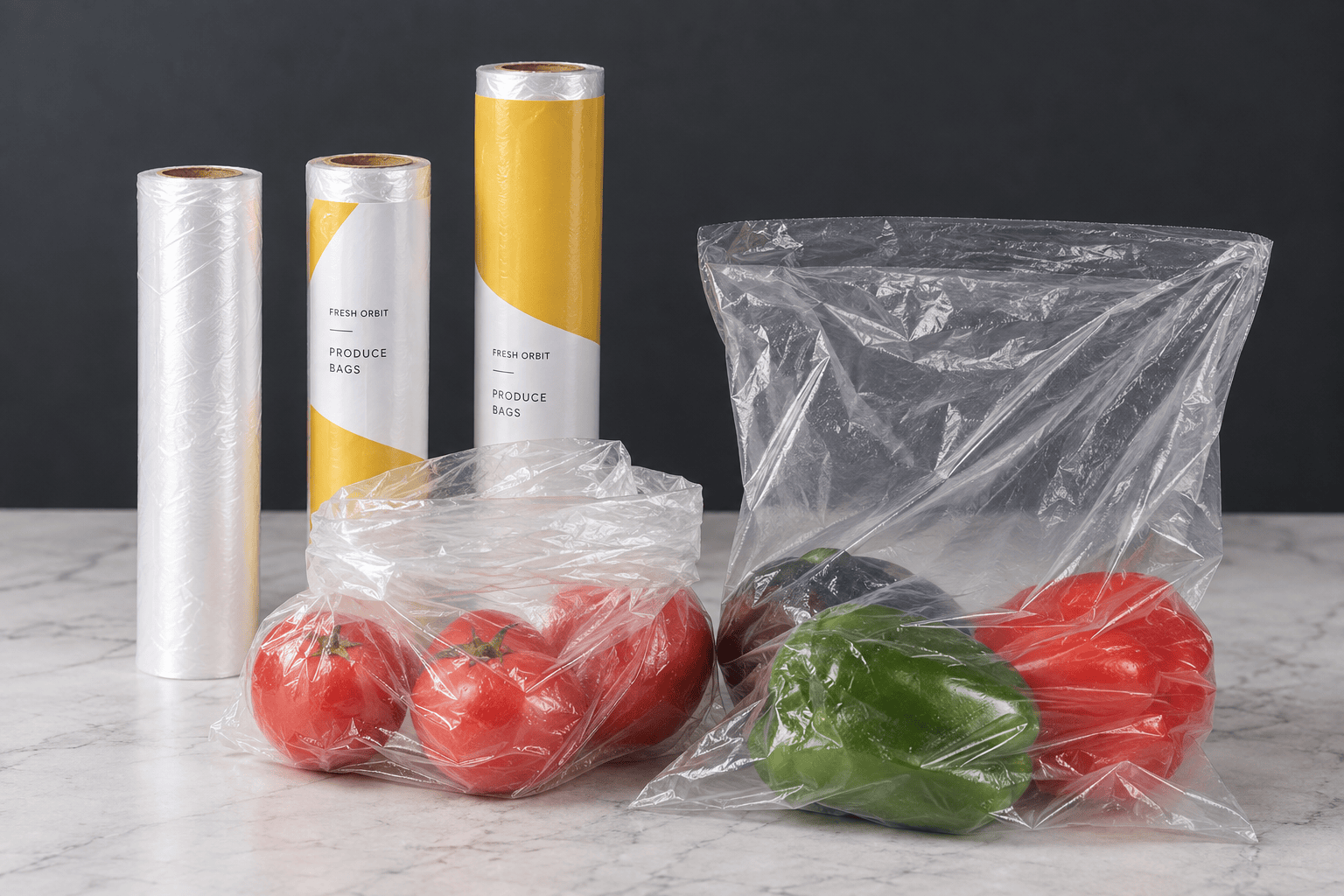 Clear produce roll bags showing different film and bag formats