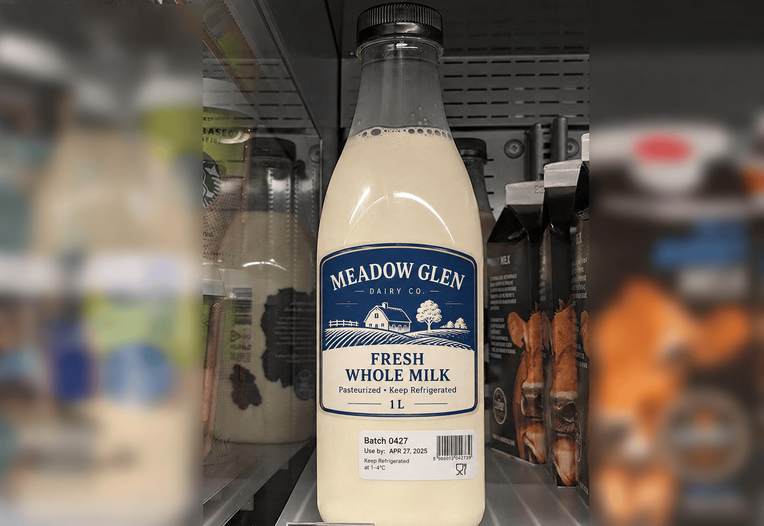 Refrigerated food packaging label on a milk bottle