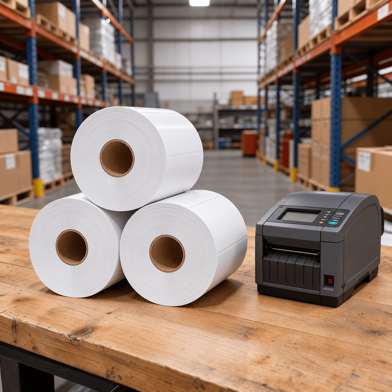 Roll shipping labels with a thermal printer in a warehouse setting