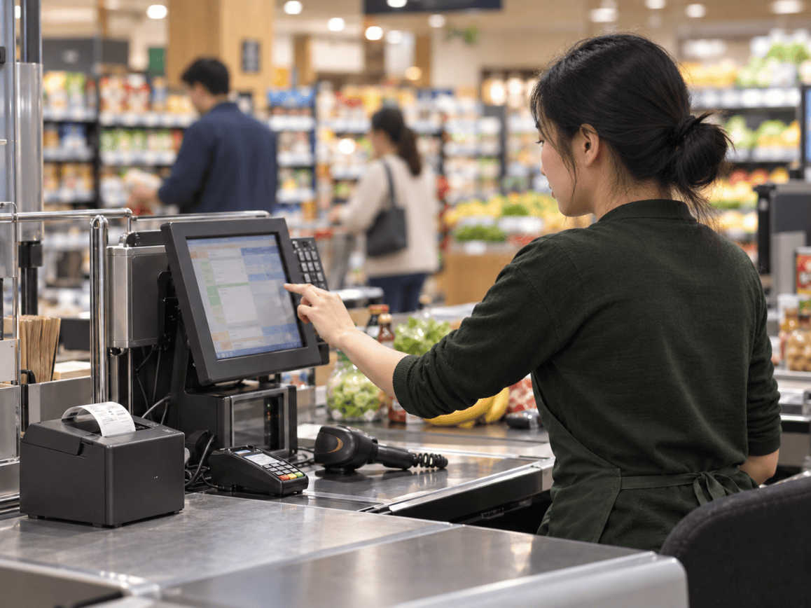 Chinese supermarket cashier using a POS system with thermal receipt paper printing at the checkout counter