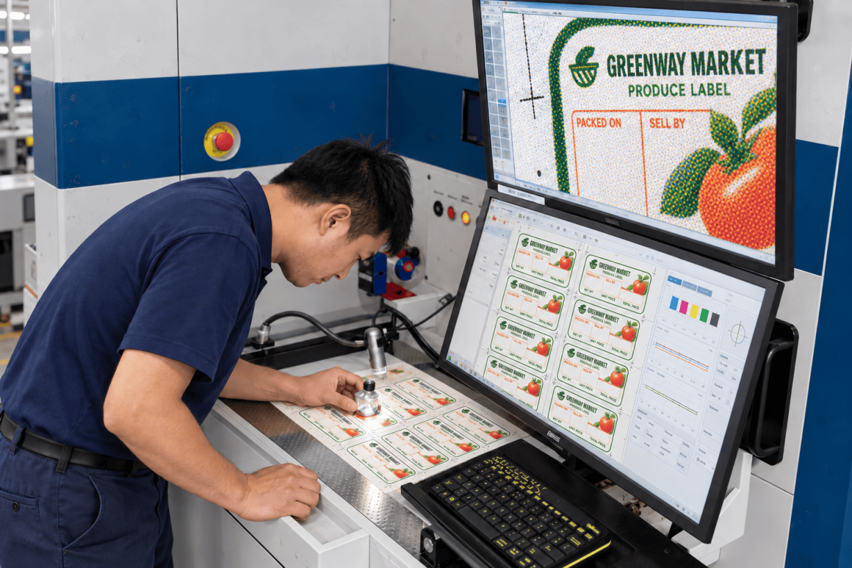 Chinese printing technician inspecting custom supermarket produce labels for colour registration and print quality