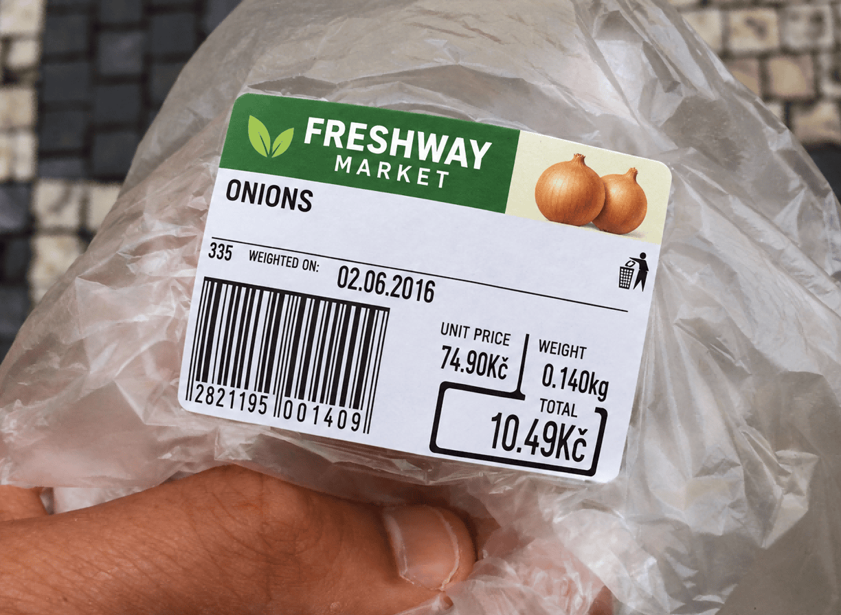 Supermarket Onion Price and Barcode Label Supermarket onion bag with a printed price, weight and barcode label