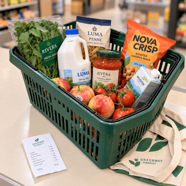 Supermarket packaging and labelled groceries in a shopping basket