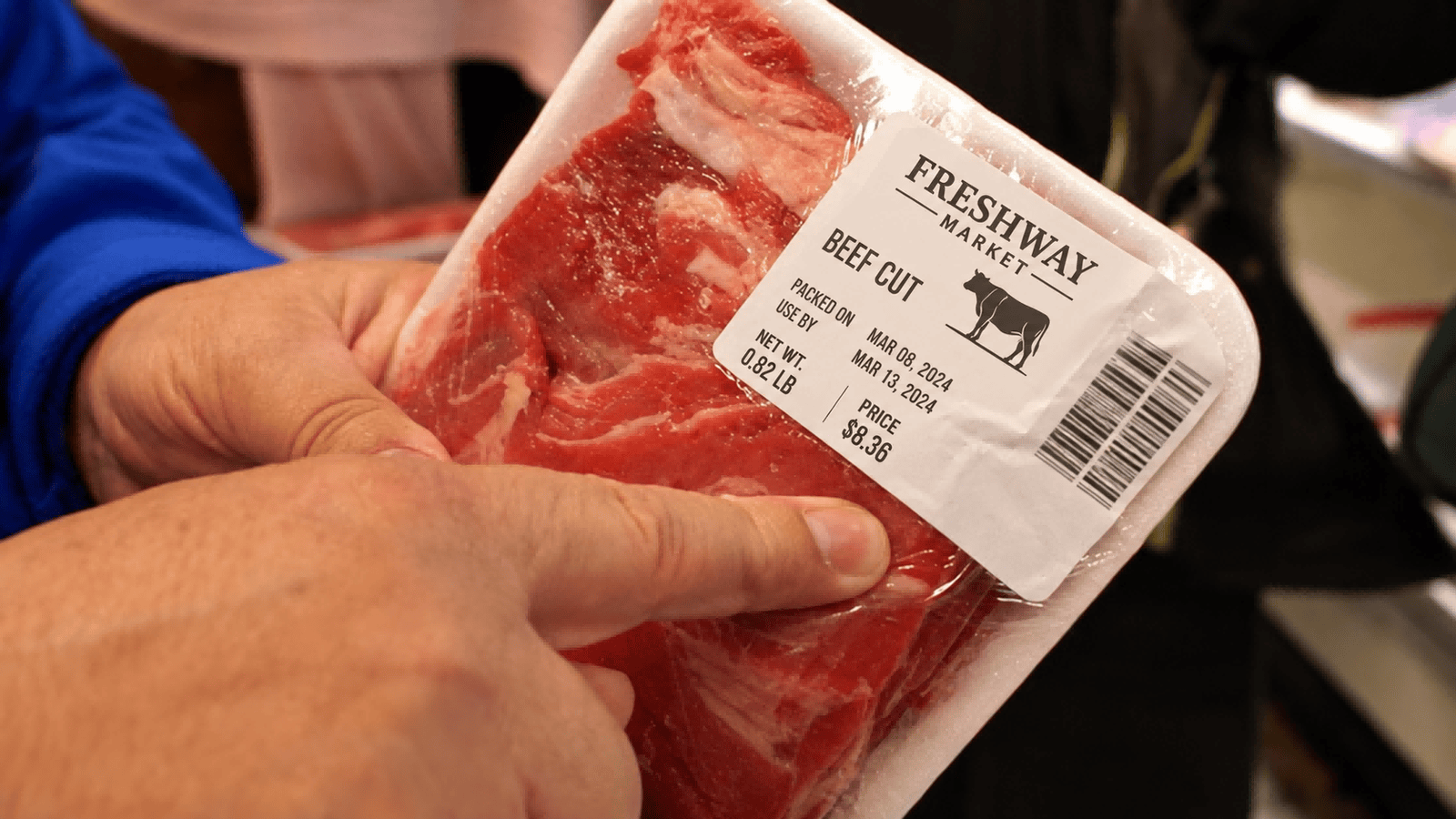 Supermarket Price Label Construction for Fresh Food Applications Printed supermarket price label attached to a fresh meat tray
