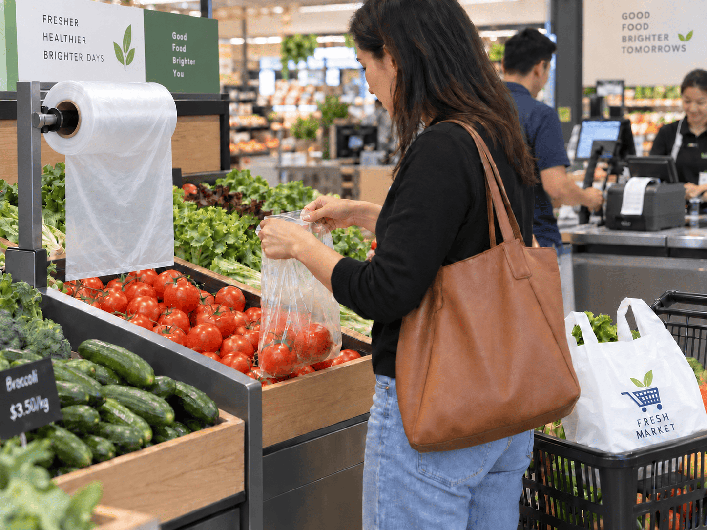 Customer using a clear perforated produce roll bag to pack fresh tomatoes in a supermarket