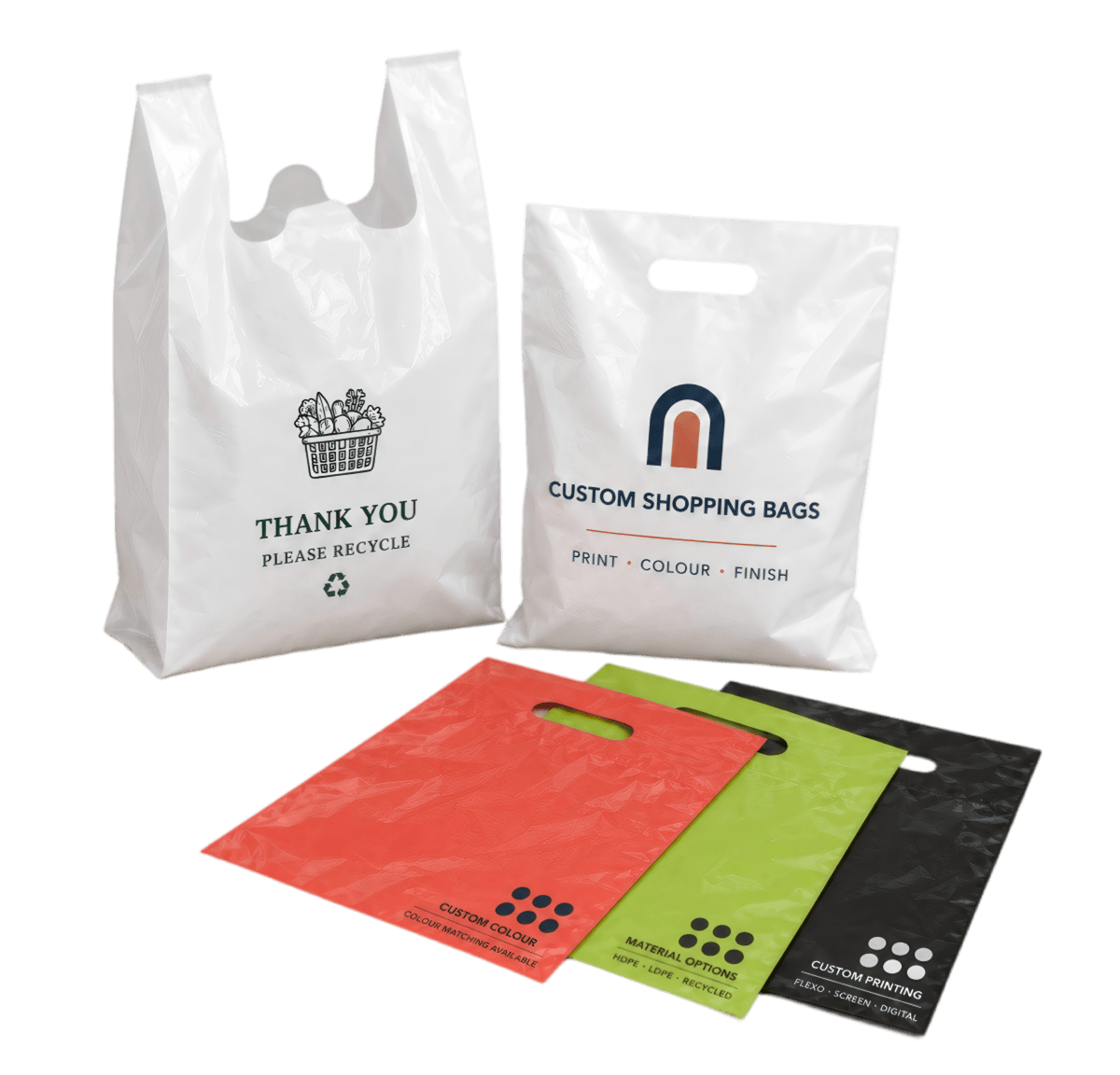 T-shirt carrier bag and die-cut handle plastic shopping bags in white and custom colours